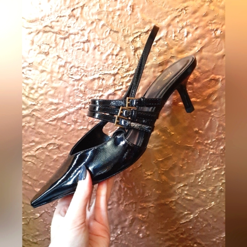 Zara Black Patent Pointed-Toe Slingback Heels with Buckle Straps